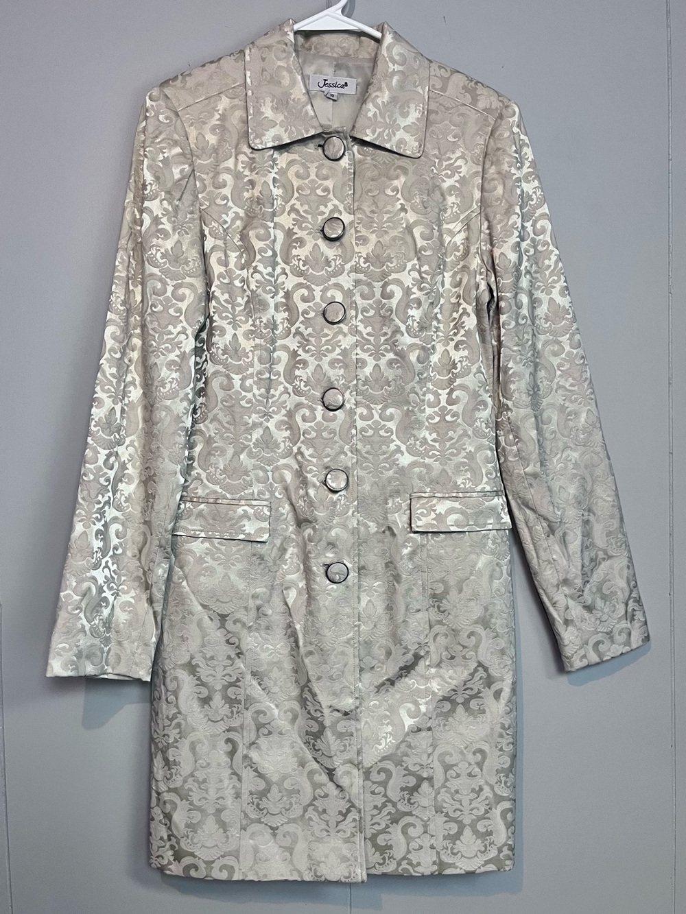 Jessica Women’s Jacquard Brocade Coat Ivory Silver Damask Size 10